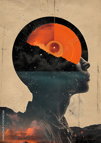 A contemporary double exposure painting depicting a mans head with a record in it, blending tints and shades to create a modern art piece