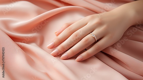Elegant hand with a fine ring on a pink fabric background, suggesting a subtle moment of grace and beauty. Generative AI