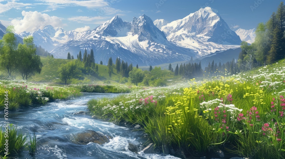 Vibrant wildflowers and a mountain stream with snowy peaks in the background. Resplendent. - obrazy, fototapety, plakaty 