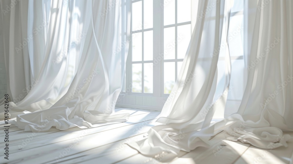 White curtains gently sway in the breeze beside the room's window. White curtains gently sway in the breeze beside the room's window.