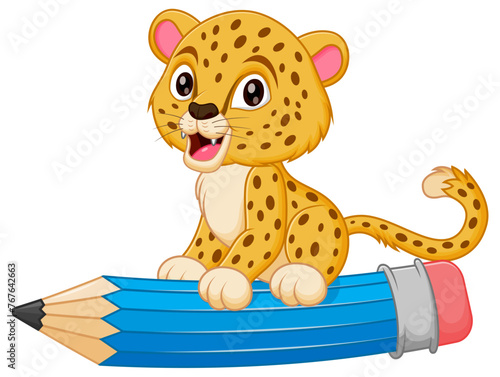 Cute Cheetah Cartoon Riding a Flying Pencil Vector Illustration. Animal Education Icon Concept