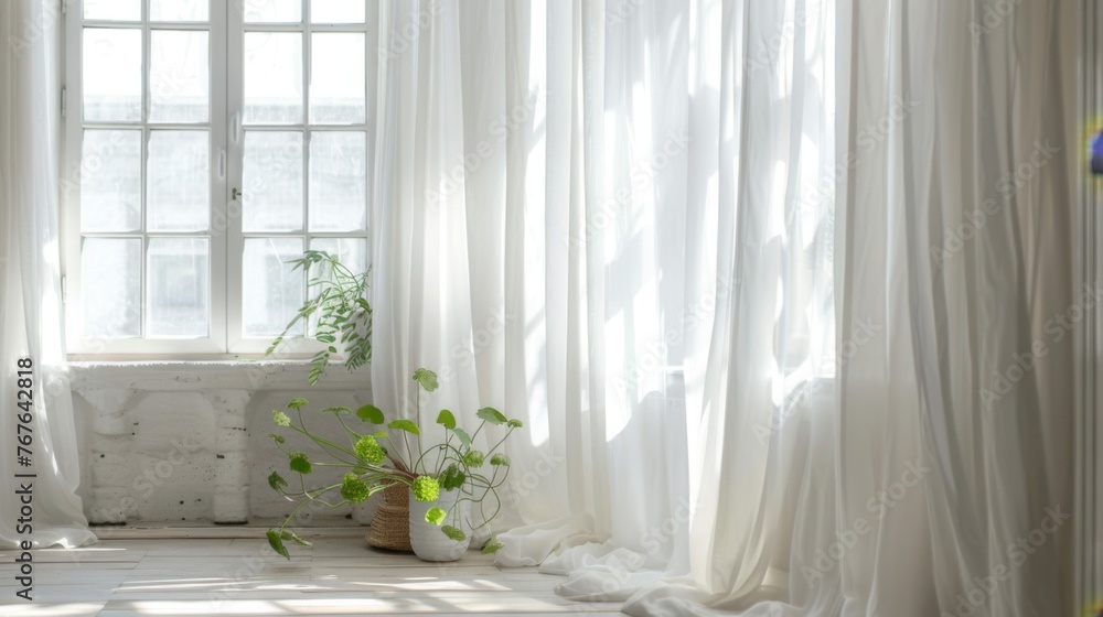 White curtains gently sway in the breeze beside the room's window. White curtains gently sway in the breeze beside the room's window.