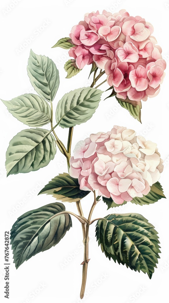 Vintage watercolor collection of pink hydrangea and white rose ...