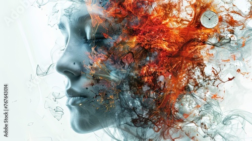 Side view of a woman's face with elements disintegrating into flying birds.