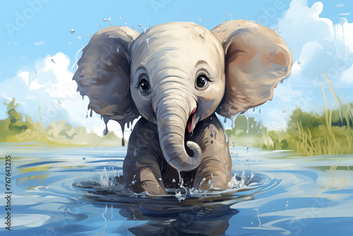 Elephant calf play in the water
