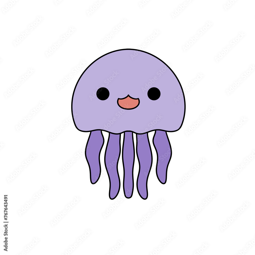 A purple cartoon jellyfish with a big smile on its face. The jellyfish is smiling and has a tongue sticking out A purple cartoon jellyfish with a big smile on its face. The jellyfish is smiling and has a tongue sticking out