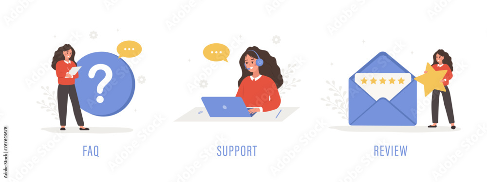 Fototapeta premium Customer support. Female characters ask questions, get answers, and leave feedback. FAQ concept. Online help service. Set of vector illustration in flat cartoon style.