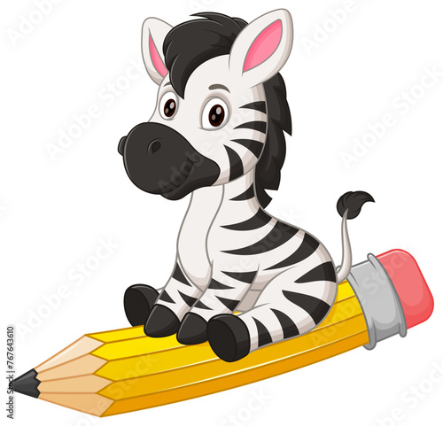 Cute Zebra Cartoon Riding a Flying Pencil Vector Illustration. Animal Education Icon Concept © bahtiarmaulana