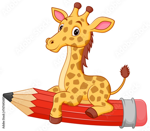 Cute Giraffe Cartoon Riding a Flying Pencil Vector Illustration. Animal Education Icon Concept © bahtiarmaulana