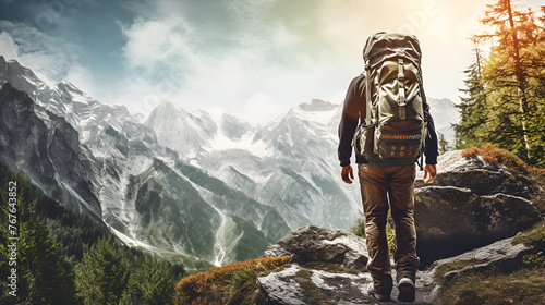 hiker carry a large bag on his back on the top of mountain looking at the snow slope. Concept motivation and goal achievement photo