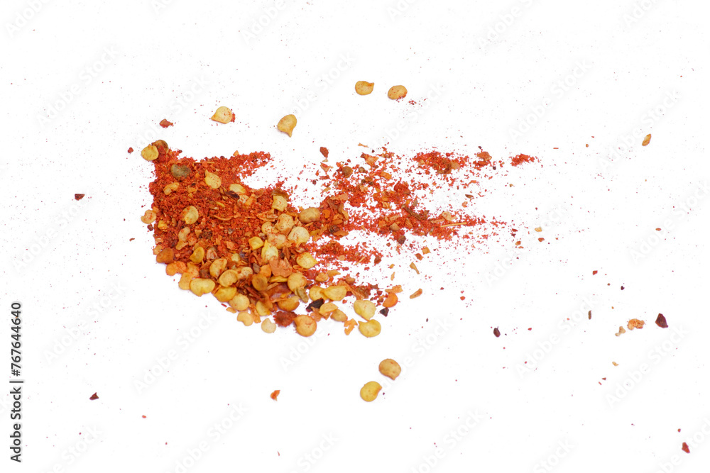 Red dried chili pepper isolated. Dried chili flakes and seeds isolated. Cayenne pepper, dried chili flakes isolated on transparency background