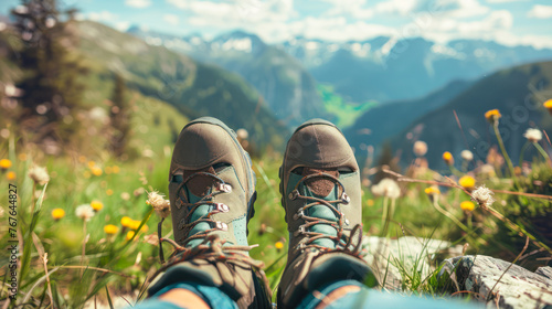 Man's foots in hiking boots. Tourist have a rest and enjoying wonderful breathtaking mountain view. Freedom, travel, trekking, hiking concept. Summer vacation in mountains photo