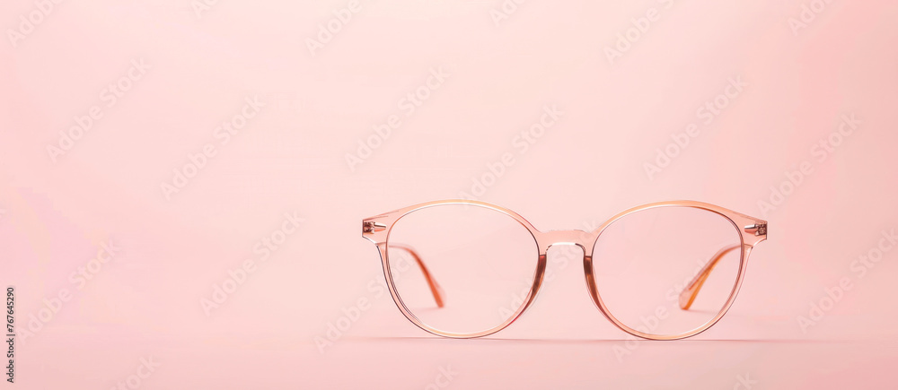 Glasses in plastic frame still life banner. Trendy eyeglasses on peach background. Trendy Fashion summer accessories. Copy space for text. Summer sale. Optic store discount poster. Minimal style Glasses in plastic frame still life banner. Trendy eyeglasses on peach background. Trendy Fashion summer accessories. Copy space for text. Summer sale. Optic store discount poster. Minimal style