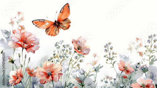 watercolor flowers and butterflies on white background,   © fotogurmespb