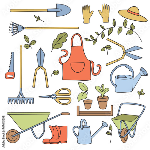 Large set of garden tools in doodle style. Watering can, hoe, bucket, hose, pitchfork, shovel, wheelbarrow, trowel, pruning shears, tree seedling, garden fork, rake and other linear icons. Vector illu