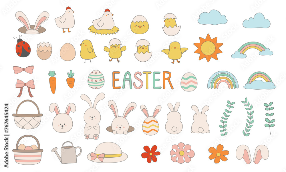 Adorable Colorful Easter Elements Set. Hand-drawn Cute Bunny, Rabbit, Eggs, Baby Chick, and more.

