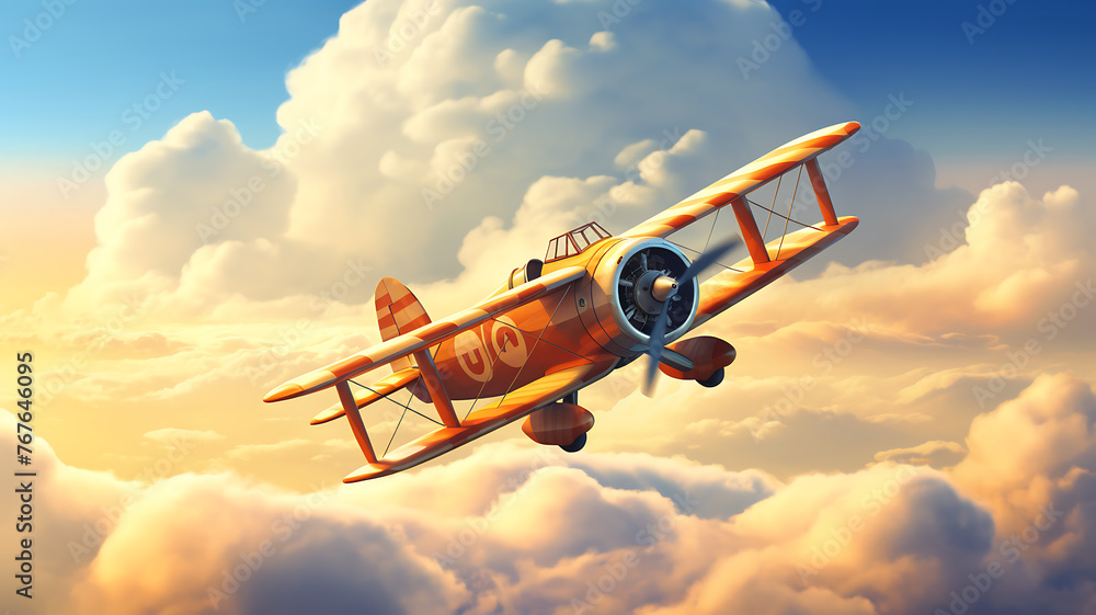 Old biplane in the clouds. 3D render. Clip art. - obrazy, fototapety, plakaty 