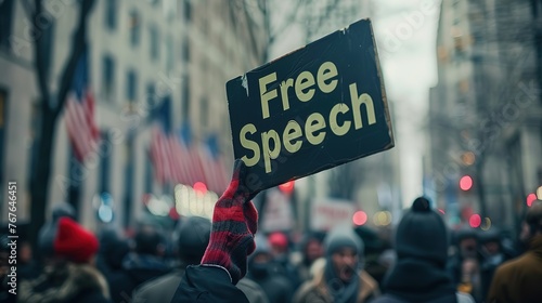A protest sign with 'Free Speech' against an American flag backdrop, captured in a moment of advocacy for expressive rights. Generative AI