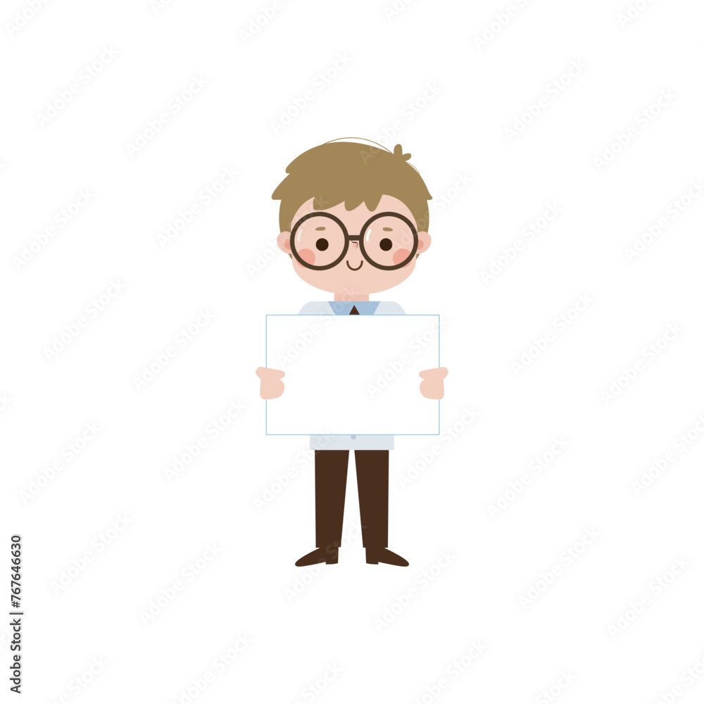 Cute cartoon doctor honding blank sign character flat style vector illustration on white background