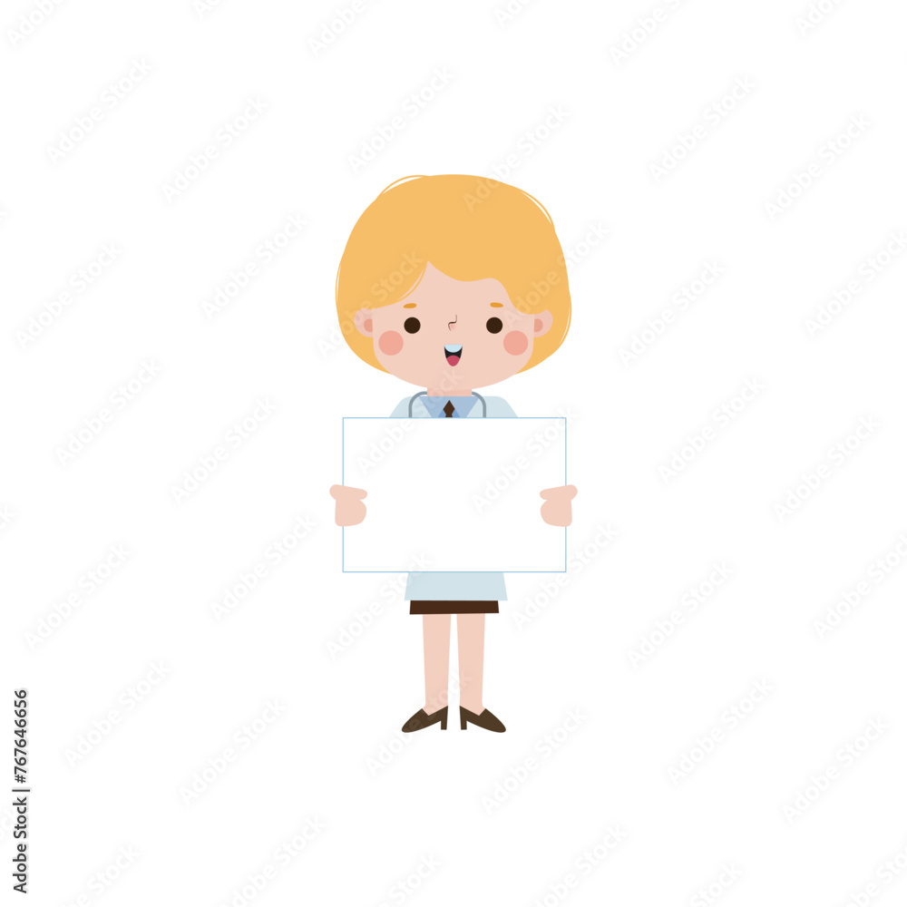 Cute cartoon doctor honding blank sign character flat style vector illustration on white background Cute cartoon doctor honding blank sign character flat style vector illustration on white background