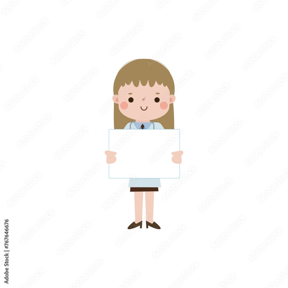 Cute cartoon doctor honding blank sign character flat style vector illustration on white background