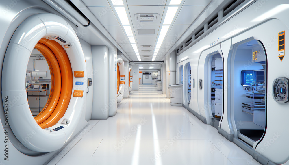 Modern Futuristic Sci Fi spaceship metal floor light panels blue neon glowing lights design white background spaceship interior architecture corridor clean room design generator AI illustration. Modern Futuristic Sci Fi spaceship metal floor light panels blue neon glowing lights design white background spaceship interior architecture corridor clean room design generator AI illustration.