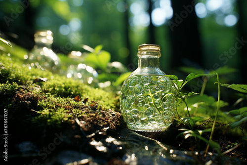 Nature Photography, Pristine bottles of water glistening with dewdrops in a tranquil forest setting