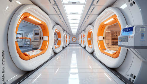 Fototapeta Naklejka Na Ścianę i Meble -  Modern Futuristic Sci Fi spaceship metal floor light panels blue neon glowing lights design white background spaceship interior architecture corridor clean room design generator AI illustration.