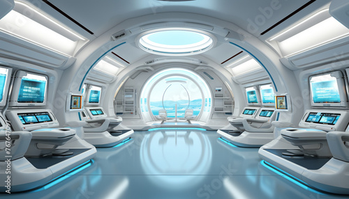 Fototapeta Naklejka Na Ścianę i Meble -  Modern Futuristic Sci Fi spaceship metal floor light panels blue neon glowing lights design white background spaceship interior architecture corridor clean room design generator AI illustration.