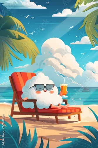 The cartoon character of the white cloud is resting on vacation. She is lying on a chaise longue by the sea and drinking a cocktail. Illustration