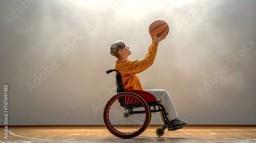 Young man in wheelchair training on the sports ground with basketball. Sport and handicap concept. Banner