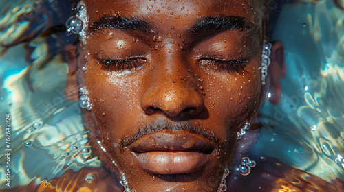 African American Man s Face Serenely Submerged In Sparkling Turquoise Waters