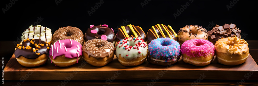 Decadent Gourmet Donuts Beautifully Arranged on a Rustic Wooden Board