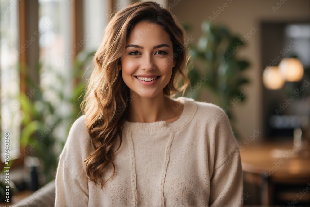 Strahlendes Lächeln einer jungen Frau in gemütlichem Strickpullover im sonnigen Wohnzimmer Strahlendes Lächeln einer jungen Frau in gemütlichem Strickpullover im sonnigen Wohnzimmer