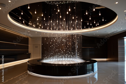 A sleek, contemporary ceiling design with a central, circular recessed area where a cascade of small, sparkling pendant lights hang at various lengths.