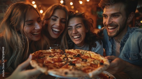 Friends sharing pizza on a cozy movie night laughter
