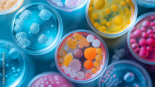 Colorful bacteria colonies in various petri dish close-up