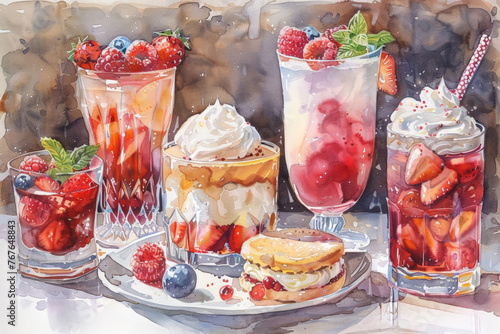 Watercolor of set desserts and drinks, watercolor illustration 