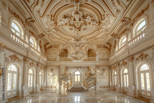 A lavish, Venetian plaster ceiling in a creamy hue, with subtle gold leaf accents around an elegant central chandelier, reflecting old-world charm with modern finesse.