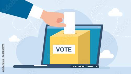 Businessman hand putting voting paper into ballot box that come out from laptop monitor. Hand putting voting paper in the ballot box on a laptop screen. Online vote concept. Vector illustration