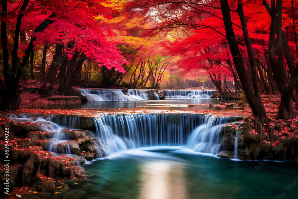 Obraz premium Beautiful waterfall in autumn forest at Erawan waterfall National Park, Kanchanaburi, Thailand