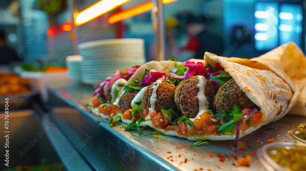A glowing falafel wrap, with vibrant green herbs and tahini sauce shining under neon lights - obrazy, fototapety, plakaty 