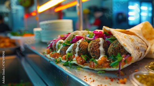 A glowing falafel wrap, with vibrant green herbs and tahini sauce shining under neon lights