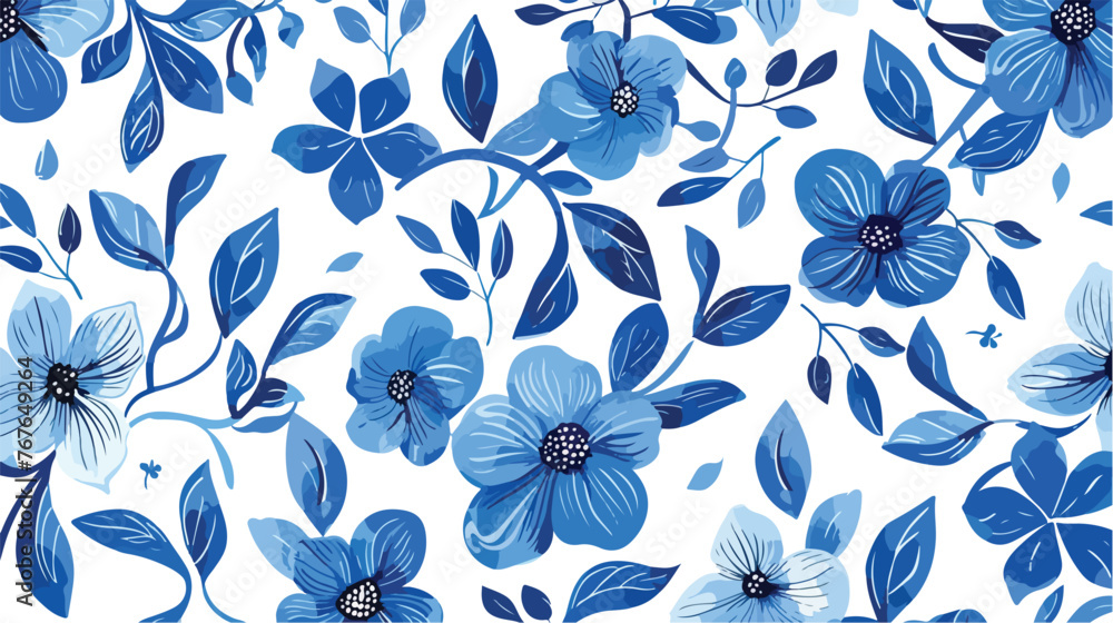 Fototapeta Blue seamless scarf pattern with flowers and leaves.