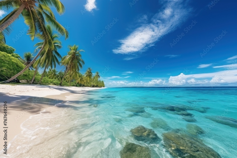 Panoramic View of Tropical Beach With Palm Trees and Clear Water. Generative AI