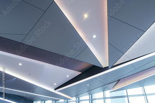 A contemporary ceiling with angular, asymmetrical panels, each featuring a different shade of gray and integrated with slim LED lights for a modern, abstract look.