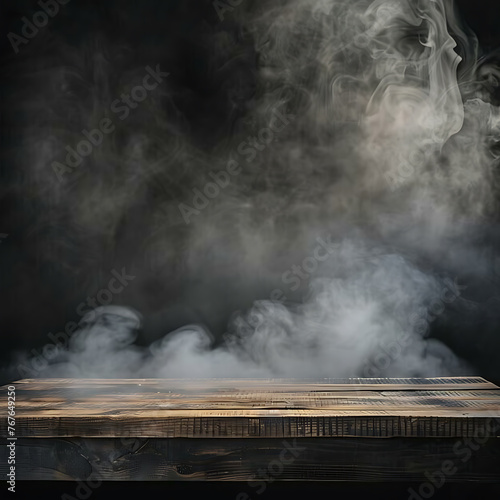 Dark background sets the stage for a wooden table veiled in smoke, evoking the ambiance of a Halloween gathering.