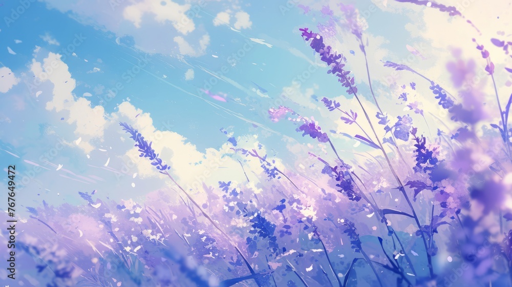 Lavender field, anime background, wallpaper - obrazy, fototapety, plakaty 