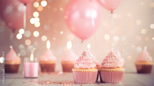 Pink cupcakes with pink frosting and pink balloons in the background