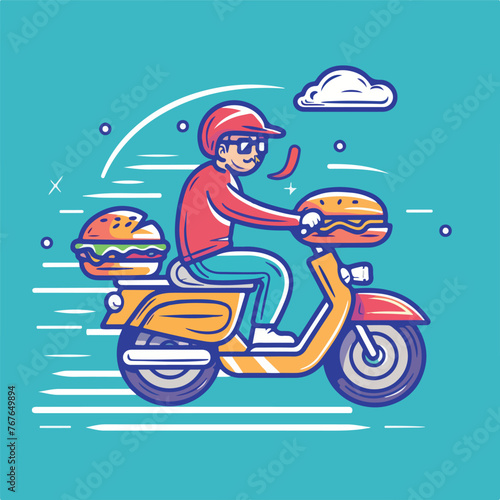Fast food delivery blue lines cartoon vector illust